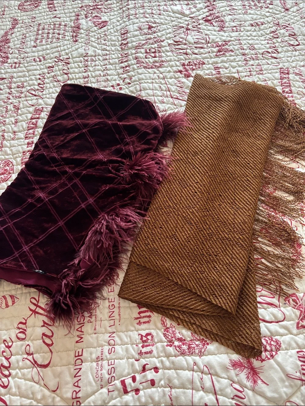 Vintage Wraps/Scarf Bundle: Burgundy Velvet Fringe/Feather & Copper Fringe Wrap